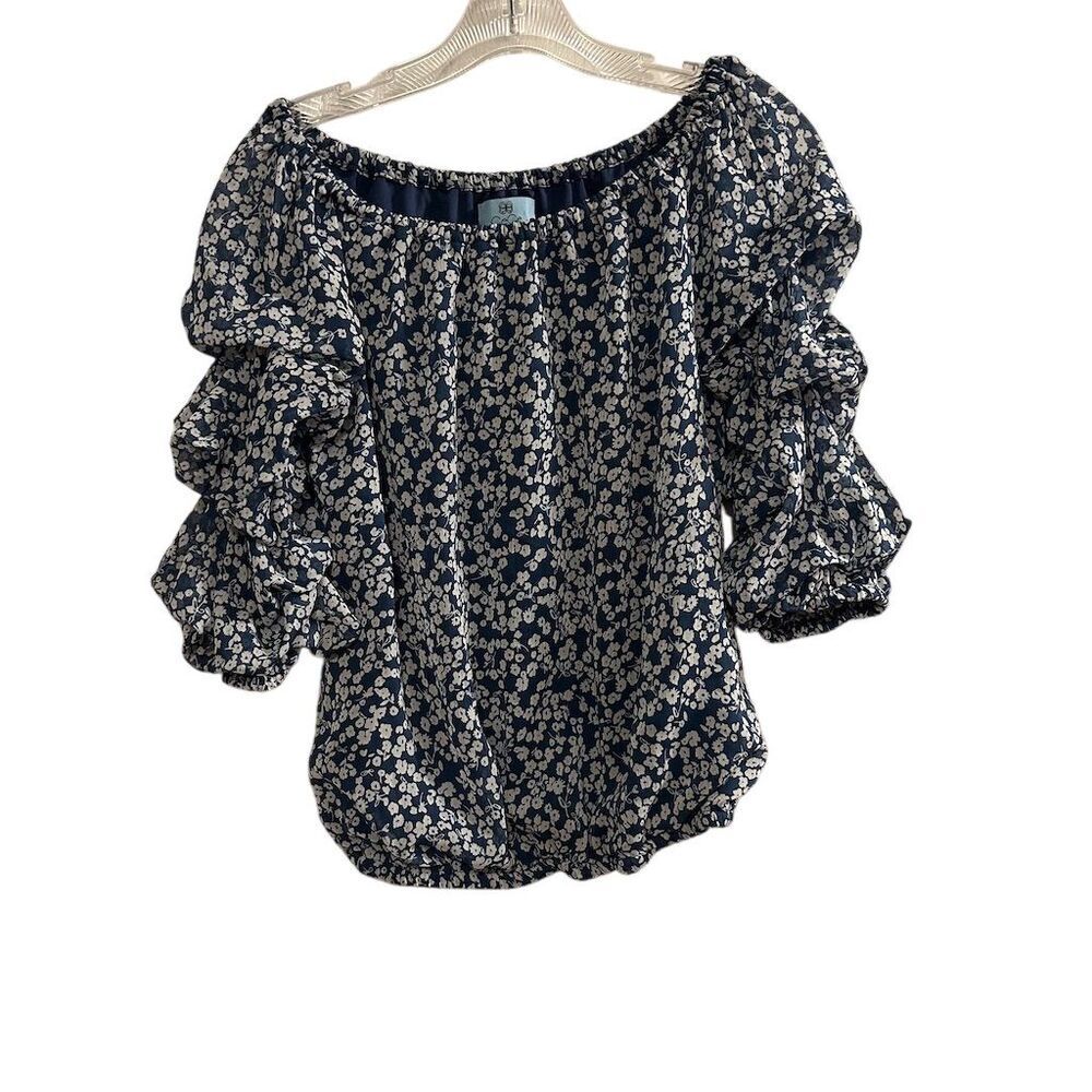 CeCe Women's Off Shoulder Floral Lantern Sleeve Blouse Blue Size‎ S